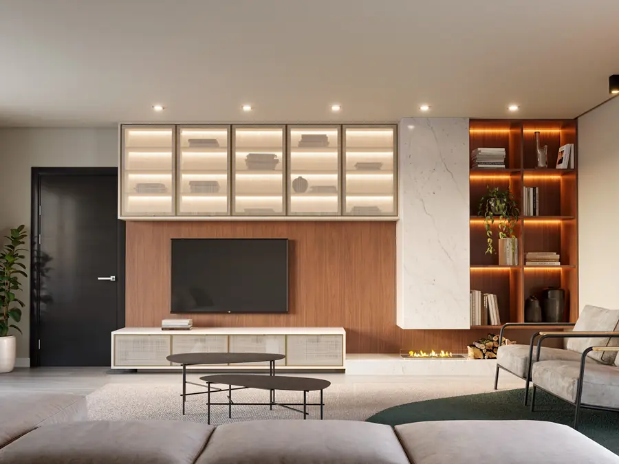 Sala de estar planejada Italínea com painel e estante